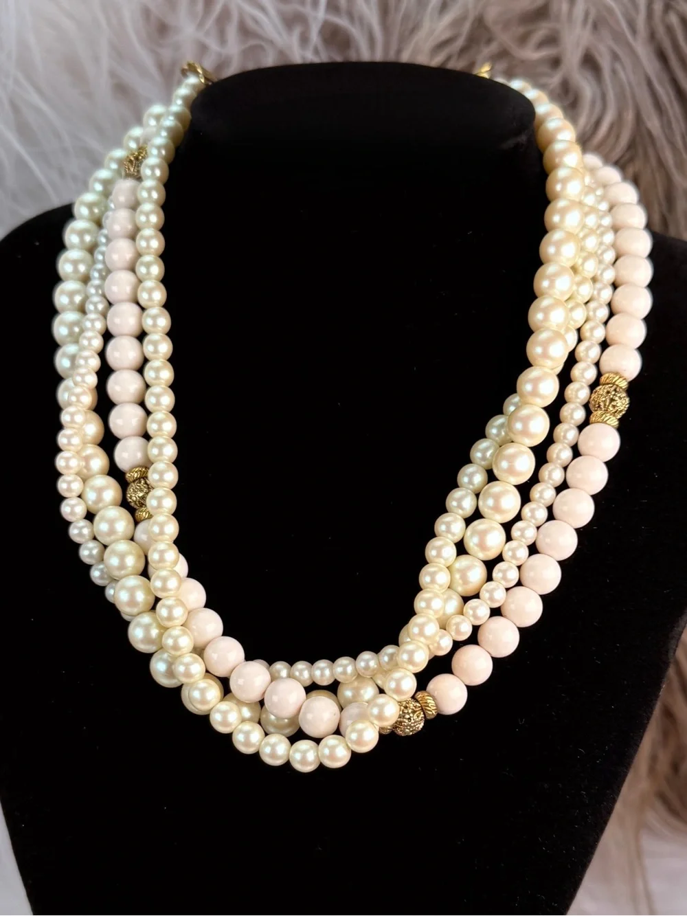 1928 Multi Strand Cream Blush Bead Gold Tone Statement Necklace Vintage